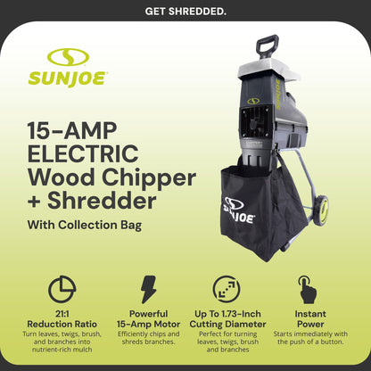 Sun Joe Silent Wood Chipper Shredder, 15 Amp Machine with 1.7" Diameter, CJ603E