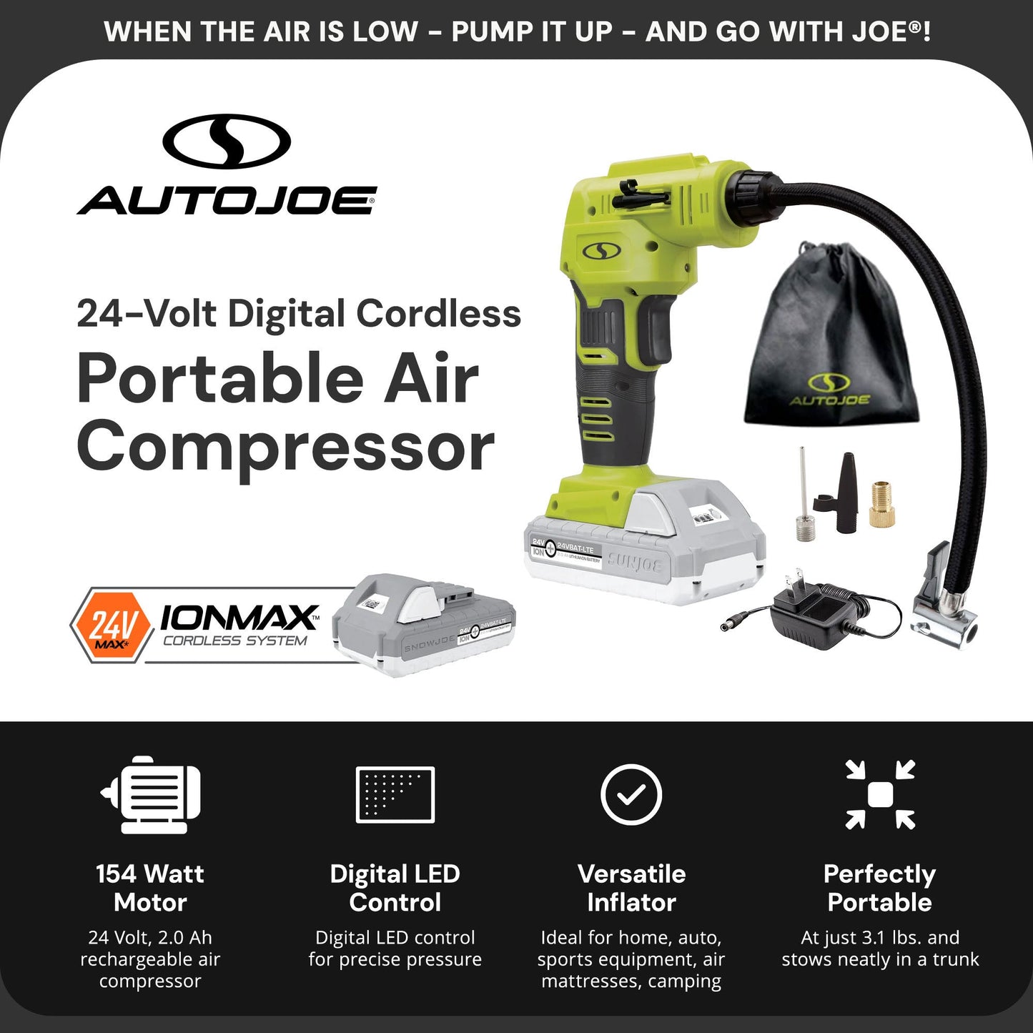 Sun Joe Auto Joe Portable Air Compressor Cordless Tire Inflate Pump, 24V-AJC-LTE - Find Fresh Goods