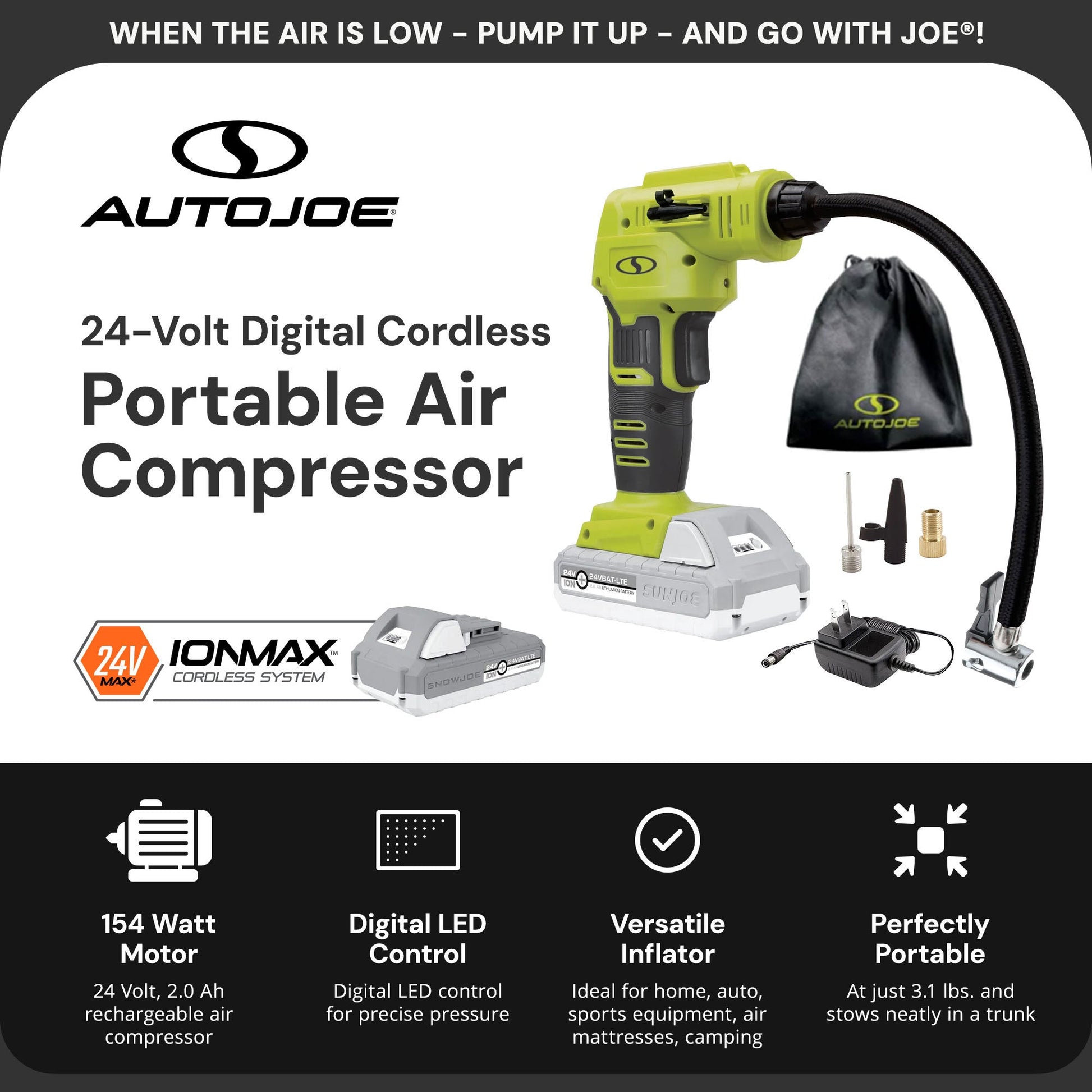 Sun Joe Auto Joe Portable Air Compressor Cordless Tire Inflate Pump, 24V-AJC-LTE - Find Fresh Goods