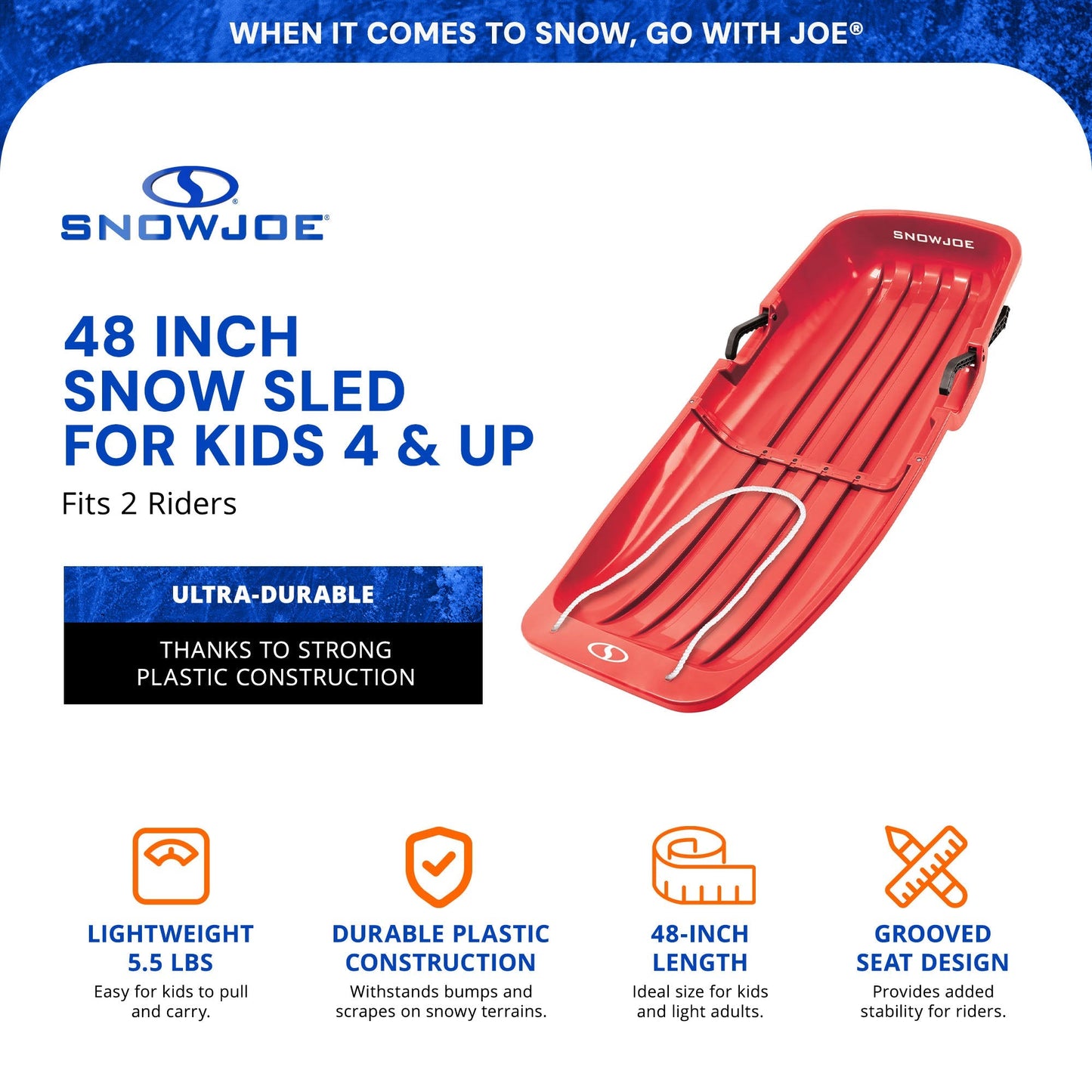 Snow Joe Plastic Snow Sled, 48” Sledding Toboggan Board w/ Handles, SJ-SLD48-RED