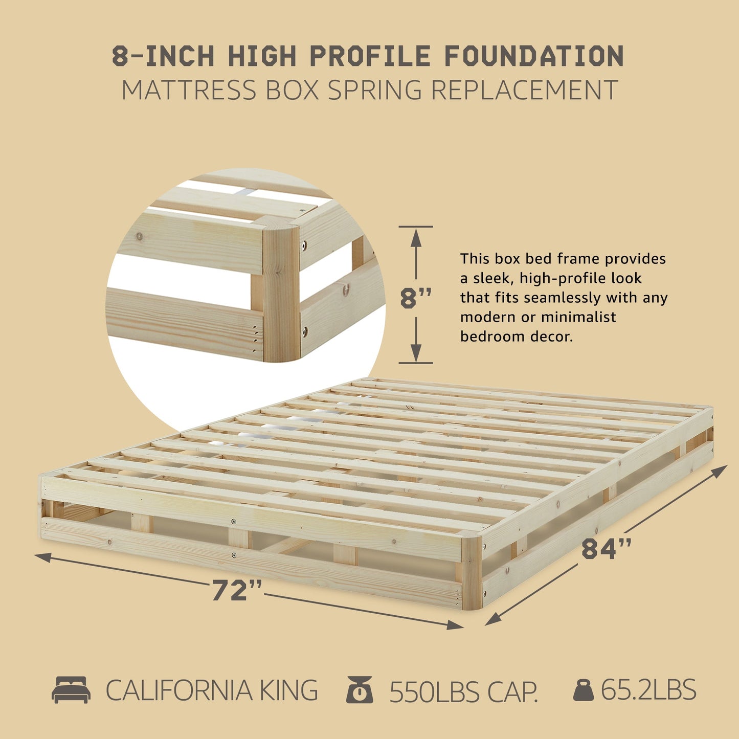 Hercules 8 in. High Profile Foundation Mattress Box Spring Replacement, Cali King
