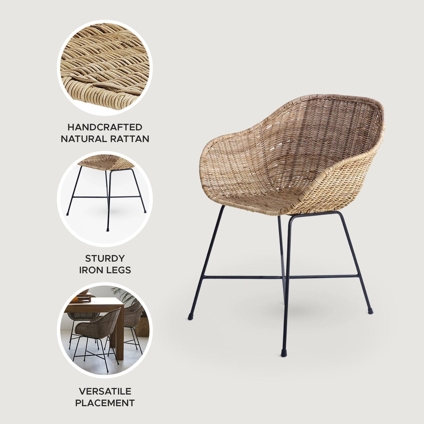 texxture Ormond Woven Rattan Dining Chair Metal Legs for Home Furniture, Natural