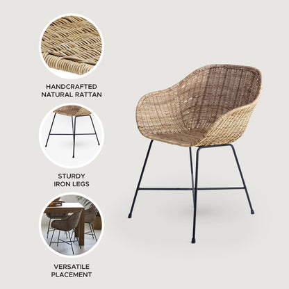 texxture Ormond Woven Rattan Dining Chair Metal Legs for Home Furniture, Natural