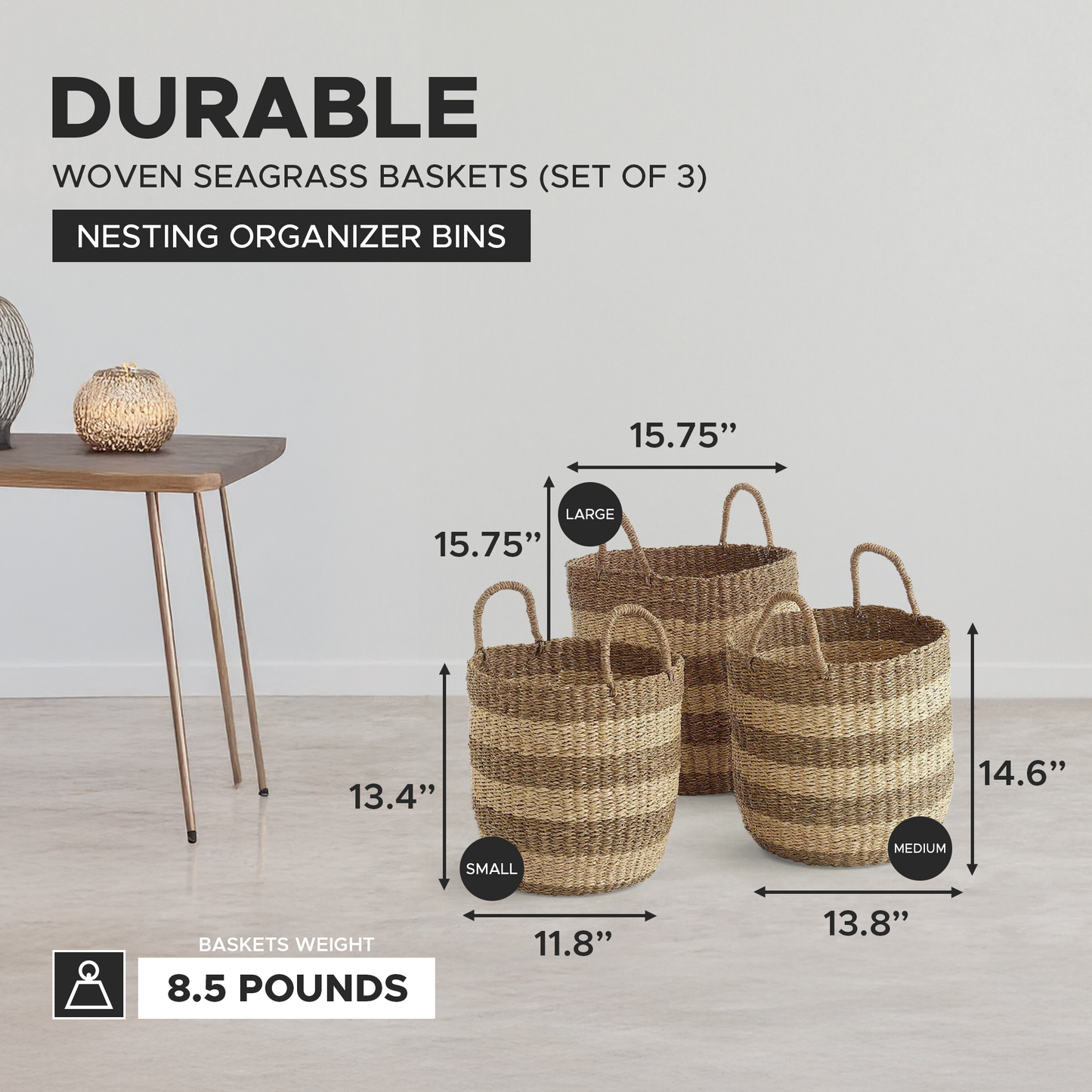 texxture 3 Pack Camden Woven Basket Nesting Organizer Bins, Home Decor, Natural