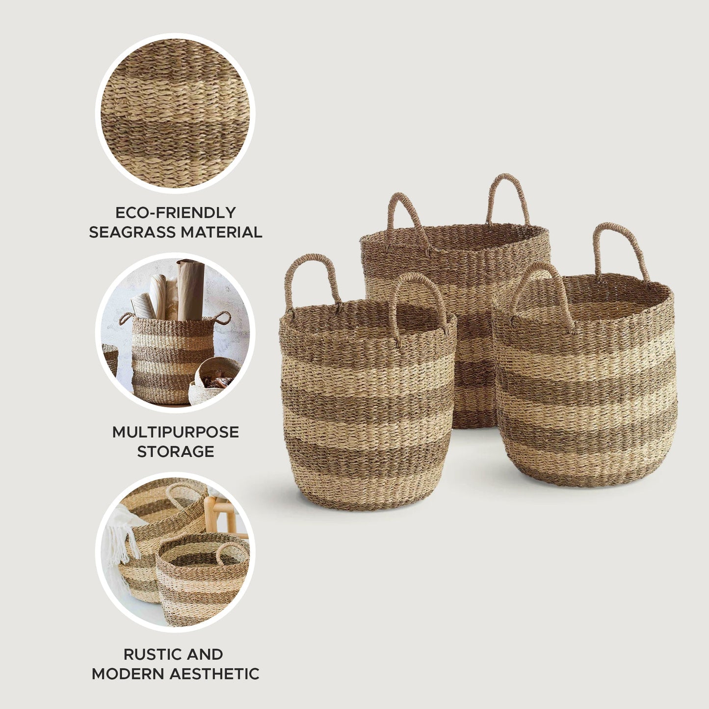 texxture 3 Pack Camden Woven Basket Nesting Organizer Bins, Home Decor, Natural