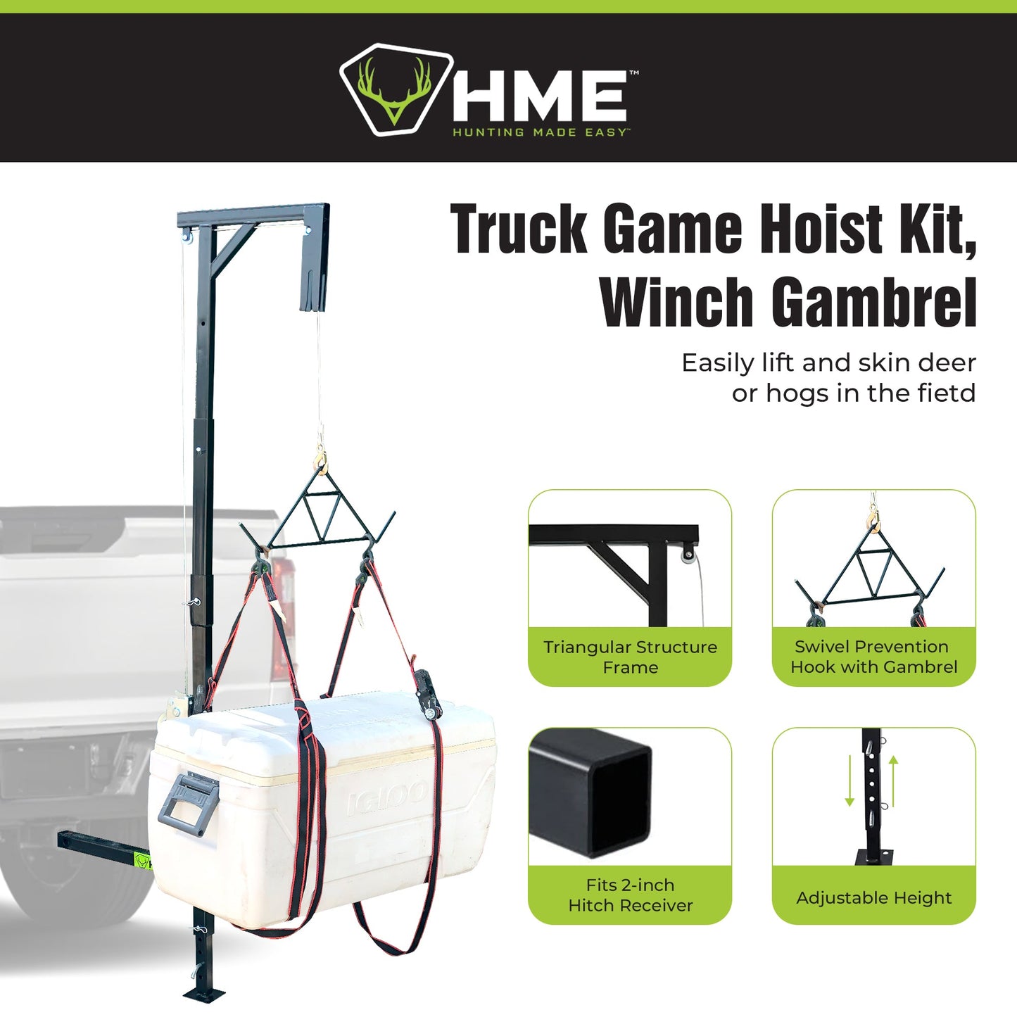 HME Game Hoist Kit, Winch Gambrel, 400 Pound Capacity, Adjustable Height, Black - Find Fresh Goods