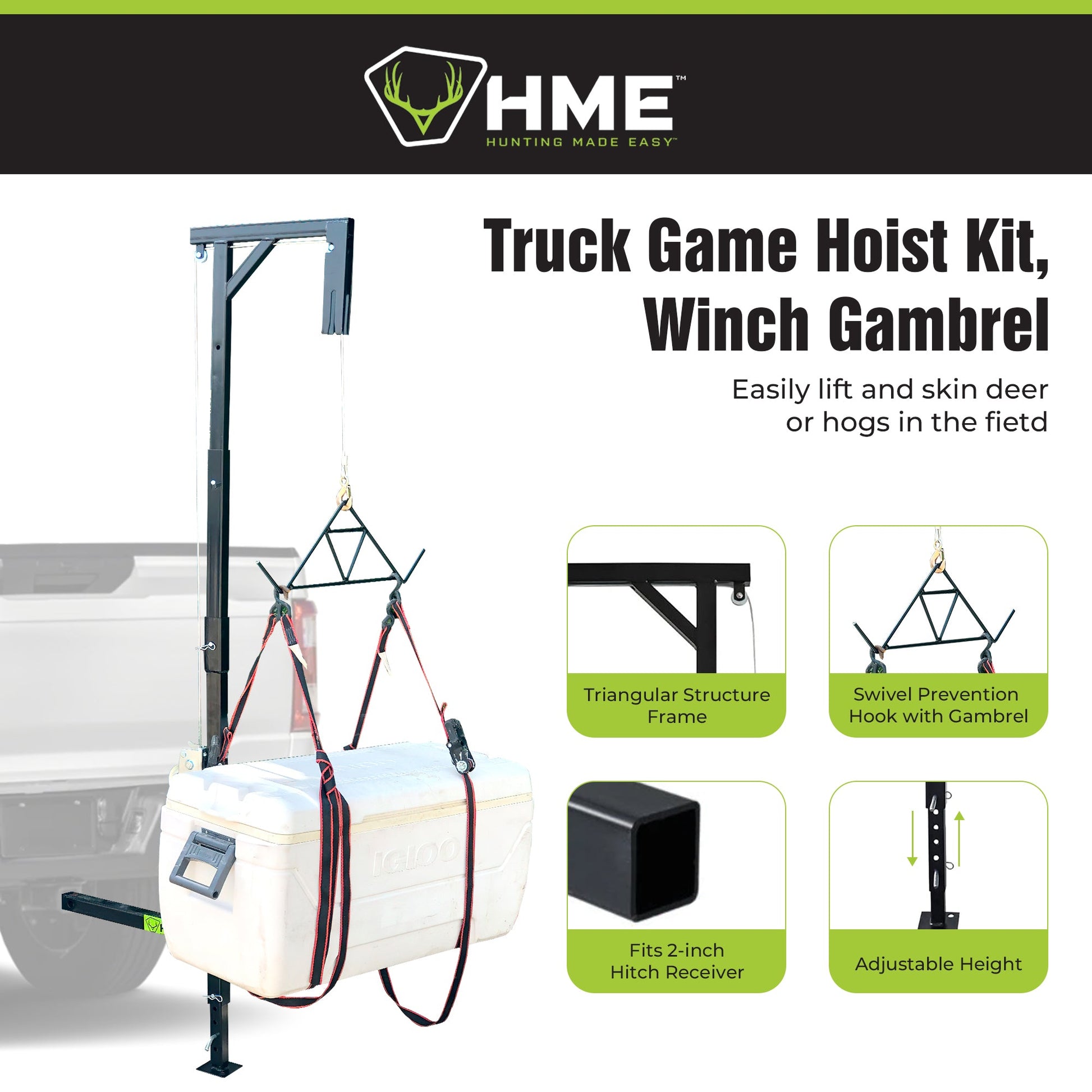 HME Game Hoist Kit, Winch Gambrel, 400 Pound Capacity, Adjustable Height, Black - Find Fresh Goods