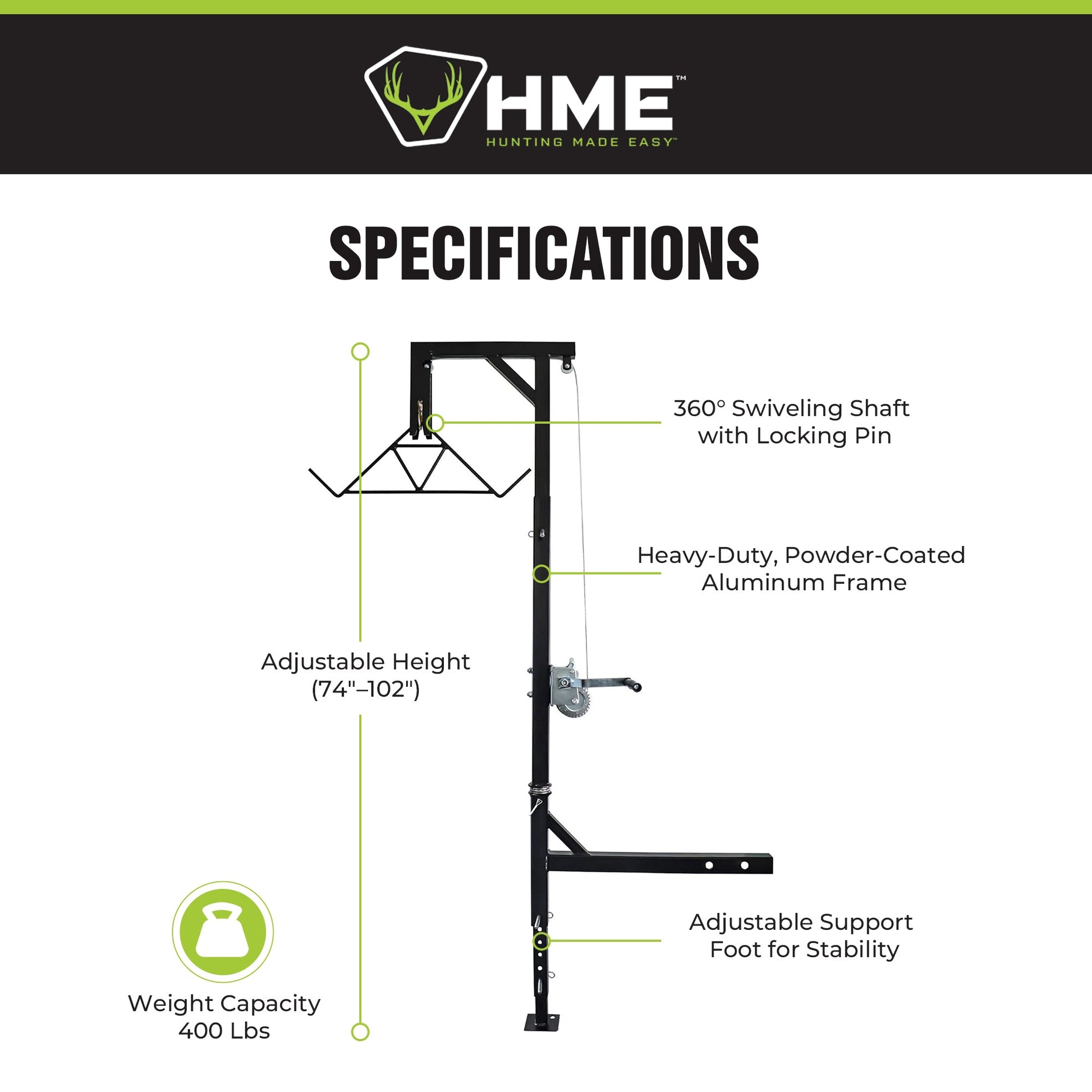 HME Game Hoist Kit, Winch Gambrel, 400 Pound Capacity, Adjustable Height, Black - Find Fresh Goods