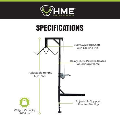 HME Game Hoist Kit, Winch Gambrel, 400 Pound Capacity, Adjustable Height, Black - Find Fresh Goods