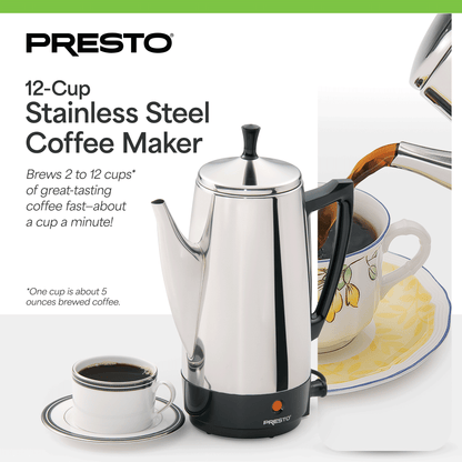 Presto Stainless Steel Coffee Maker, 12 Cup Robust Percolator Coffee, Silver