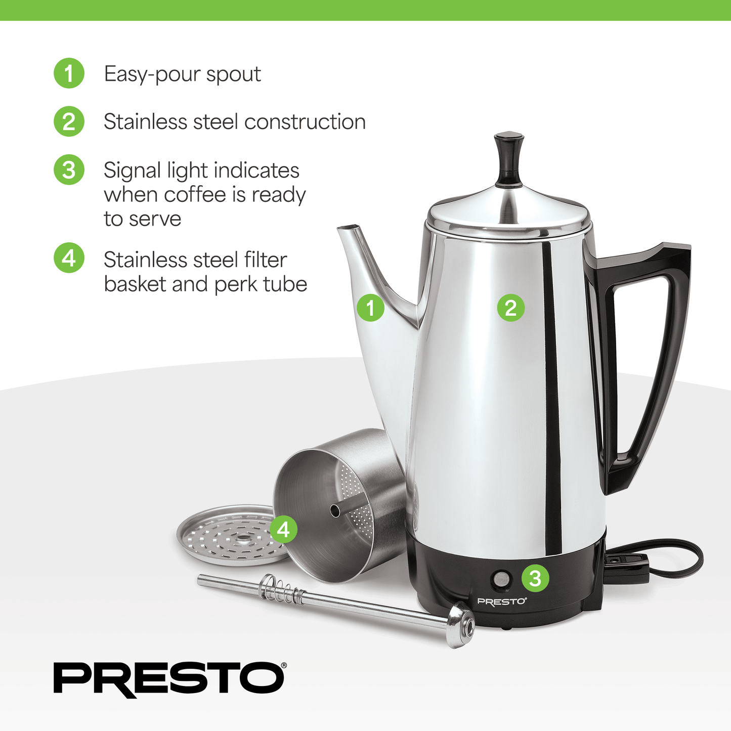 Presto Stainless Steel Coffee Maker, 12 Cup Robust Percolator Coffee, Silver