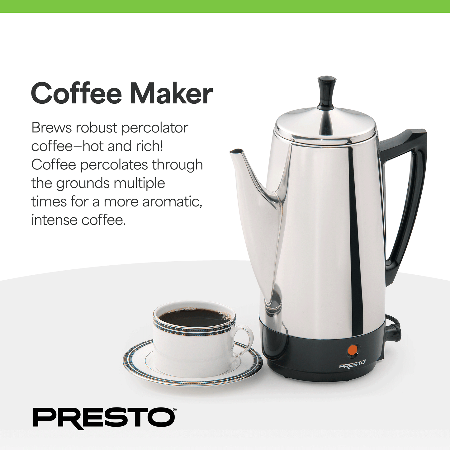 Presto Stainless Steel Coffee Maker, 12 Cup Robust Percolator Coffee, Silver