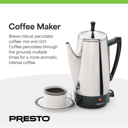 Presto Stainless Steel Coffee Maker, 12 Cup Robust Percolator Coffee, Silver
