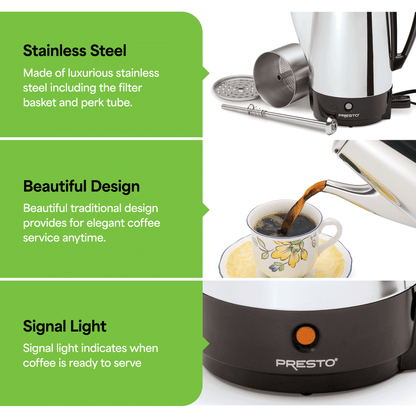 Presto Stainless Steel Coffee Maker, 12 Cup Robust Percolator Coffee, Silver