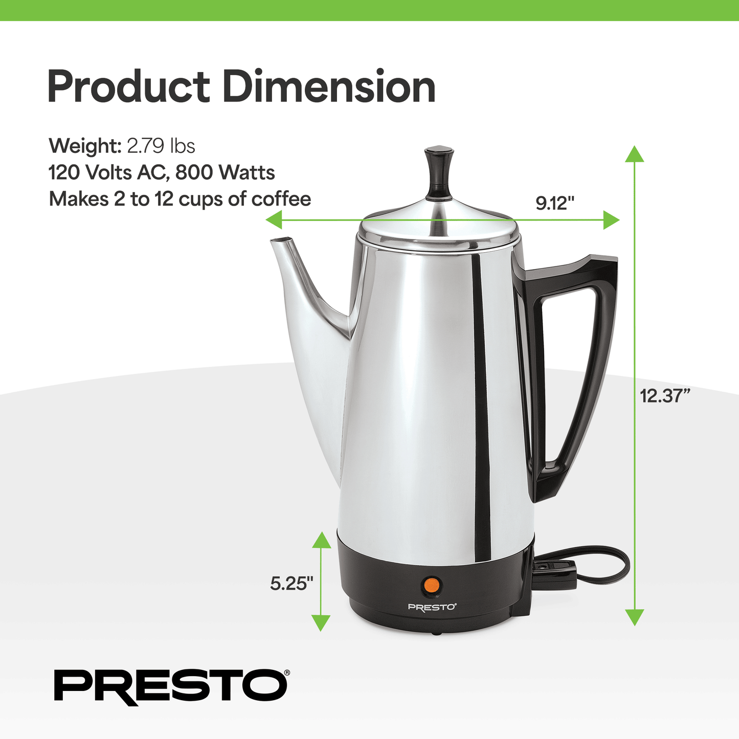Presto Stainless Steel Coffee Maker, 12 Cup Robust Percolator Coffee, Silver