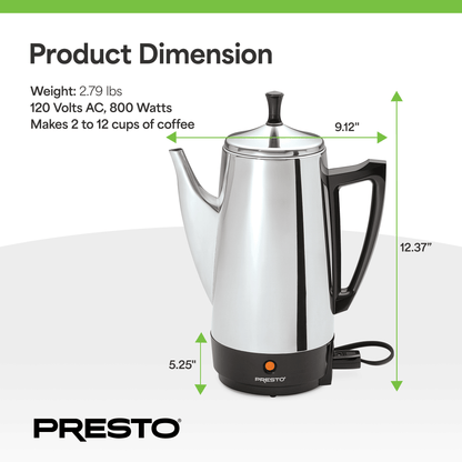 Presto Stainless Steel Coffee Maker, 12 Cup Robust Percolator Coffee, Silver