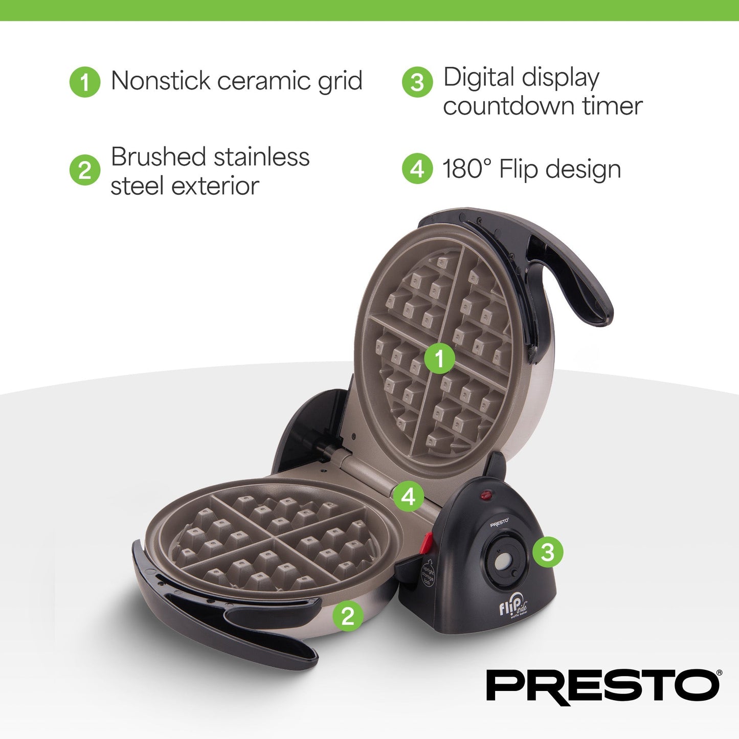 Presto FlipSide Belgian Waffle Maker, Ceramic Kitchen Appliance, 7 Inch, Black