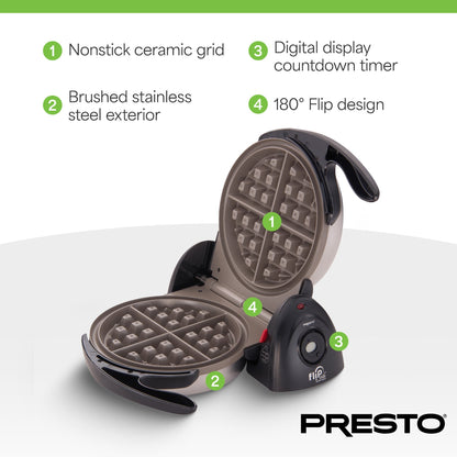 Presto FlipSide Belgian Waffle Maker, Ceramic Kitchen Appliance, 7 Inch, Black