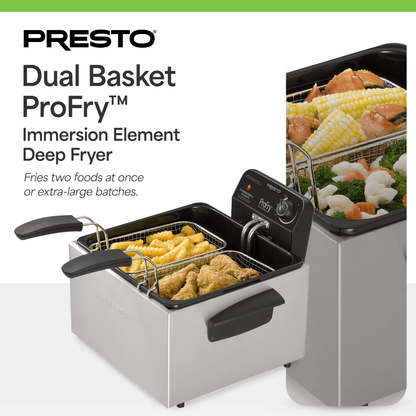 Presto ProFry Dual Basket Deep Fryer, 1800W Immersion Element, Stainless Steel