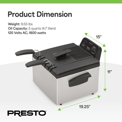 Presto ProFry Dual Basket Deep Fryer, 1800W Immersion Element, Stainless Steel