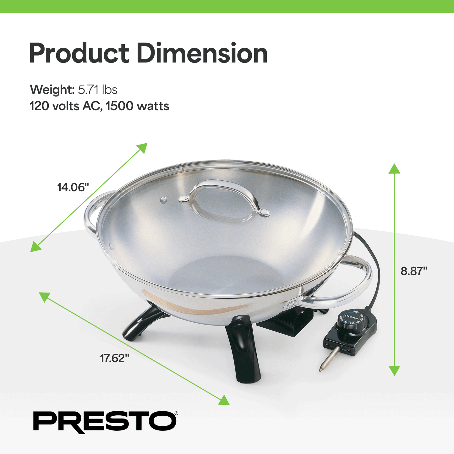 Presto 1500 Watt Stainless Steel Electric Wok with Glass Lid and Wooden Spatula
