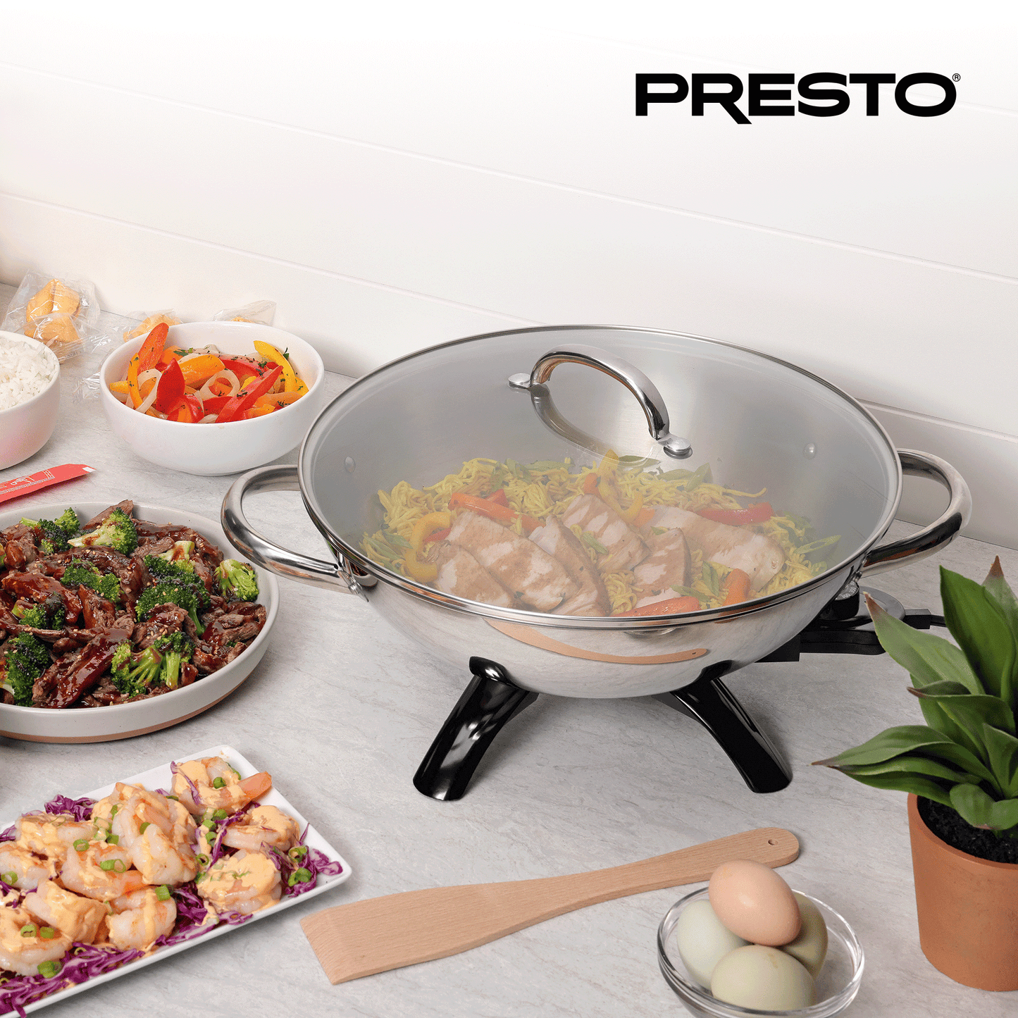 Presto 1500 Watt Stainless Steel Electric Wok with Glass Lid and Wooden Spatula