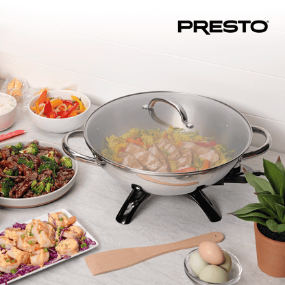 Presto 1500 Watt Stainless Steel Electric Wok with Glass Lid and Wooden Spatula