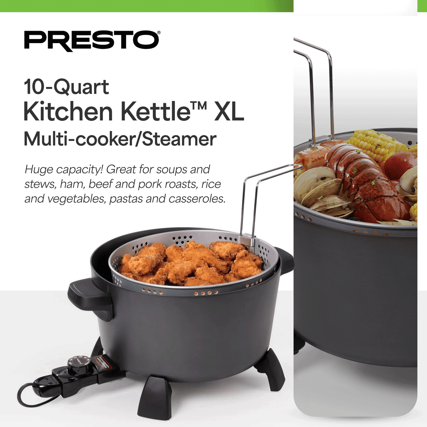 Presto 10-Quart Kitchen Kettle XL Multi-Cooker, Steamer & Deep Fryer, Black