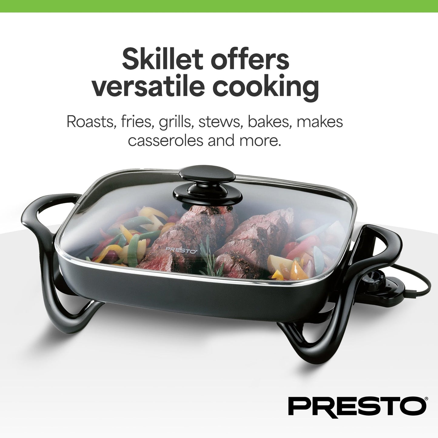 Presto Electric Skillet with Glass Lid, Nonstick Multi-Cooker, 16 Inch, Black