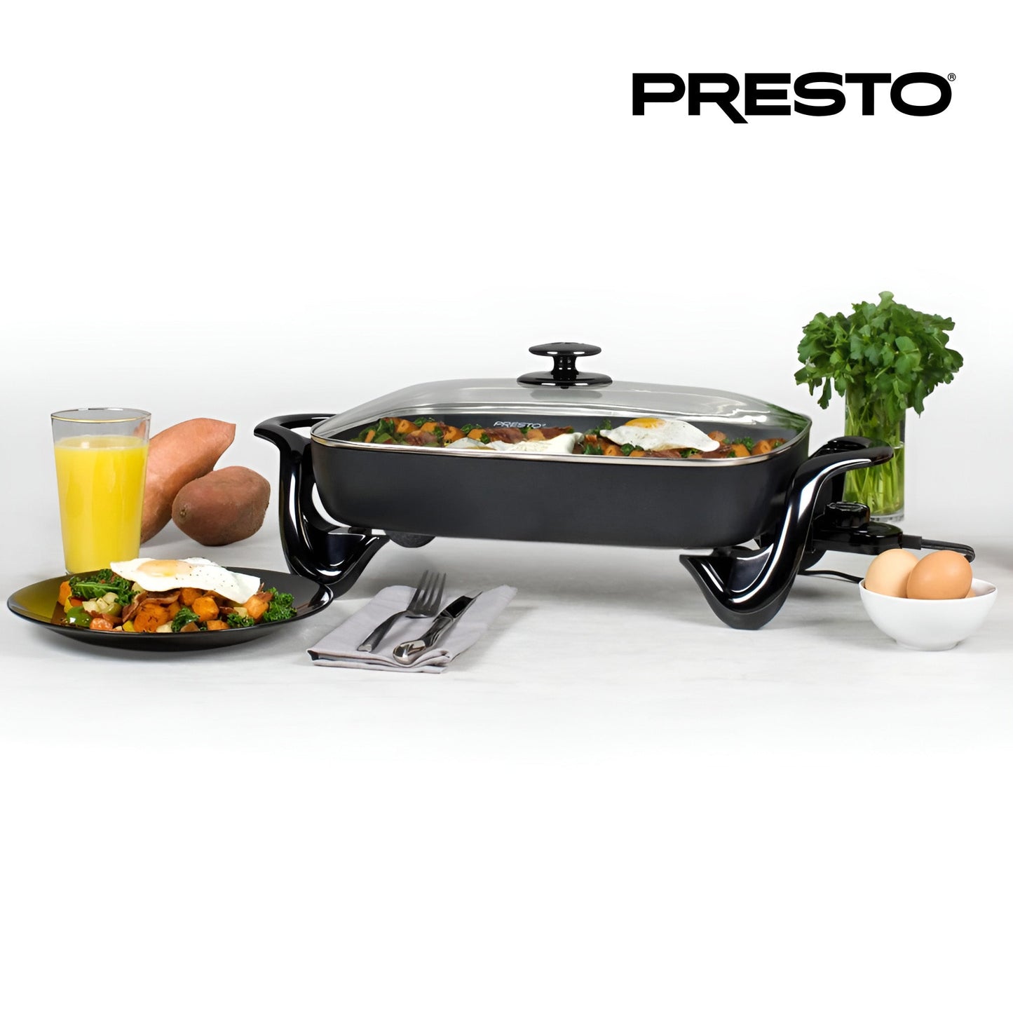 Presto Electric Skillet with Glass Lid, Nonstick Multi-Cooker, 16 Inch, Black