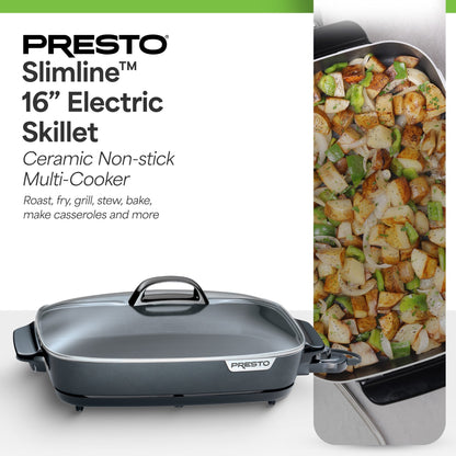 Presto Slimline Nonstick Electric Skillet with Tempered Glass Lid, 16", Black