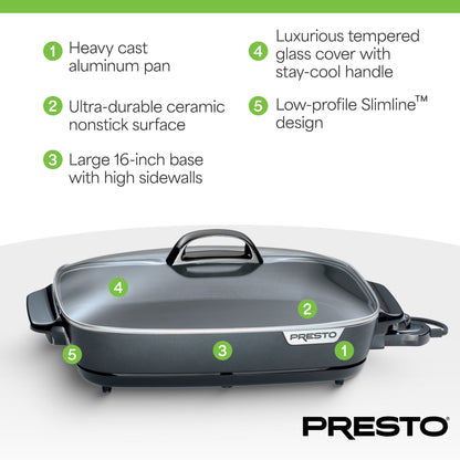 Presto Slimline Nonstick Electric Skillet with Tempered Glass Lid, 16", Black