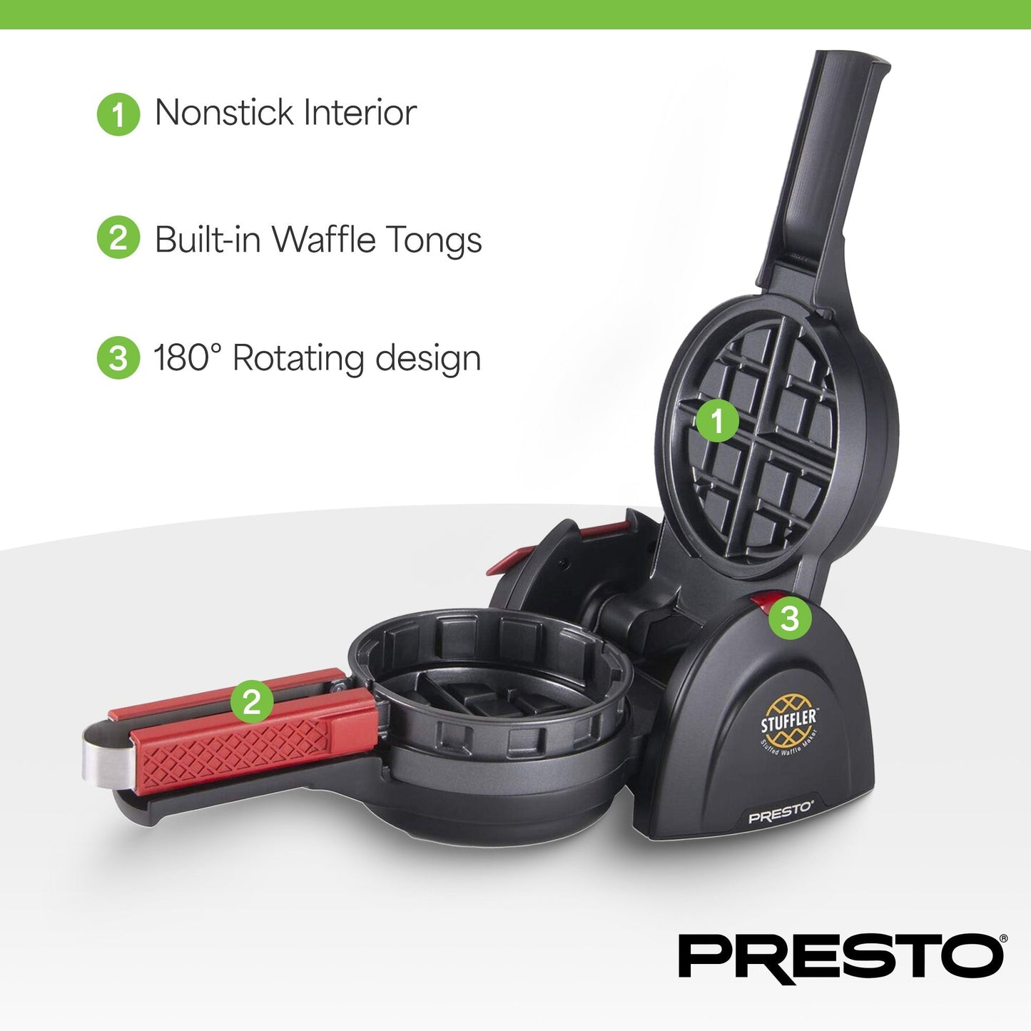 Presto Stuffler Stuffed Belgian Waffle Maker Nonstick Appliance, Large, Black