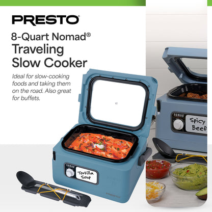 Presto 06017 8 Quart Nomad Portable Electric Slow Cooker with Locking Lid, Blue
