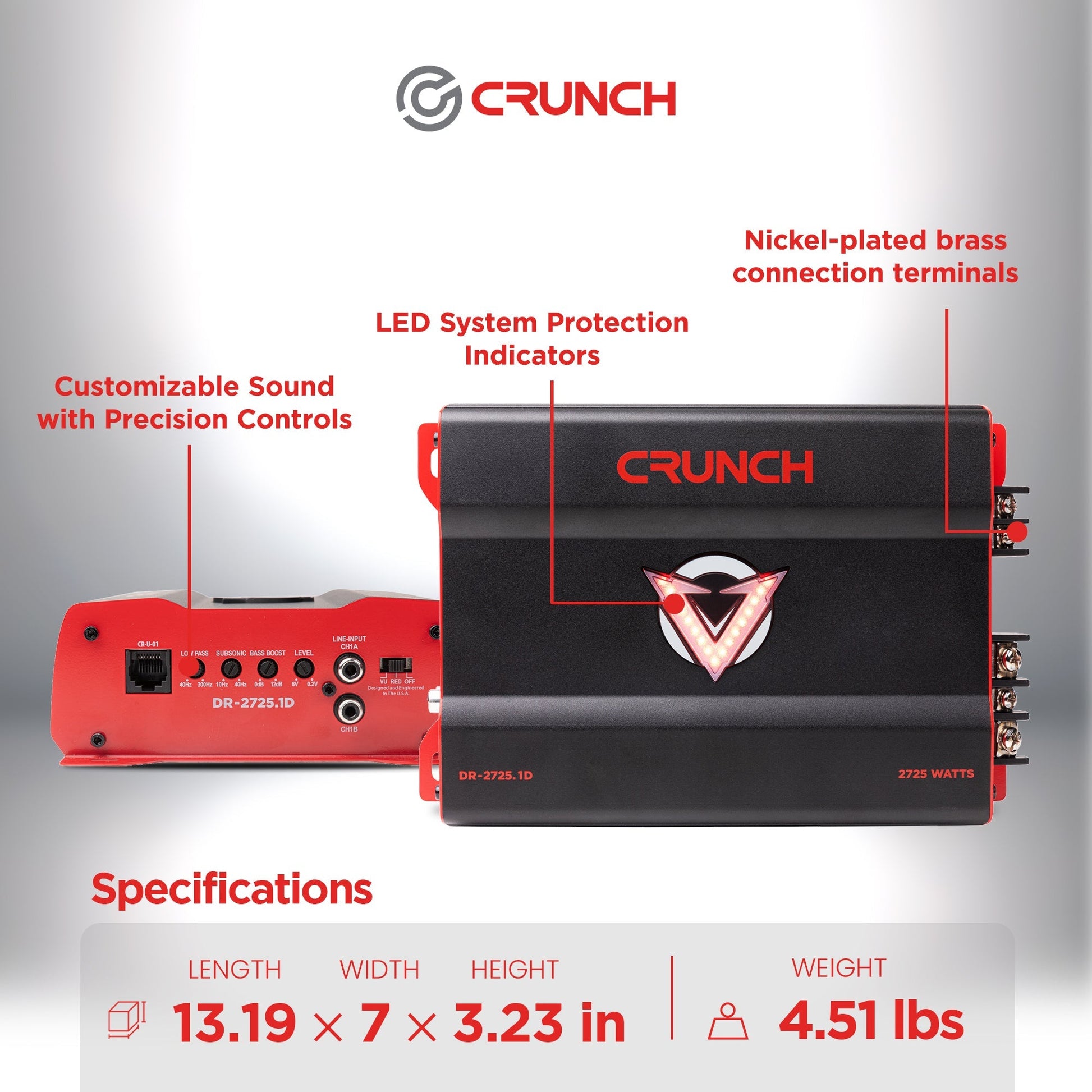 Crunch 2725W Mono block Subwoofer Car Audio Amp, Adjustable Crossover, Bass Knob - Find Fresh Goods