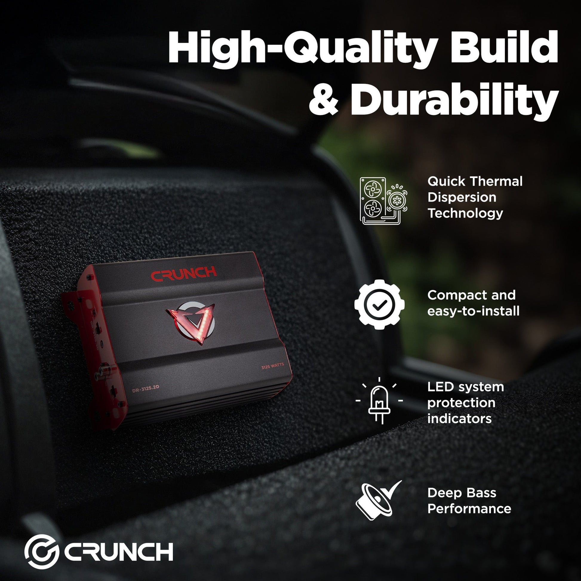 Crunch 3125W 2 Channel Subwoofer Car Audio Amp, Adjustable Crossovers, Bass Knob - Find Fresh Goods