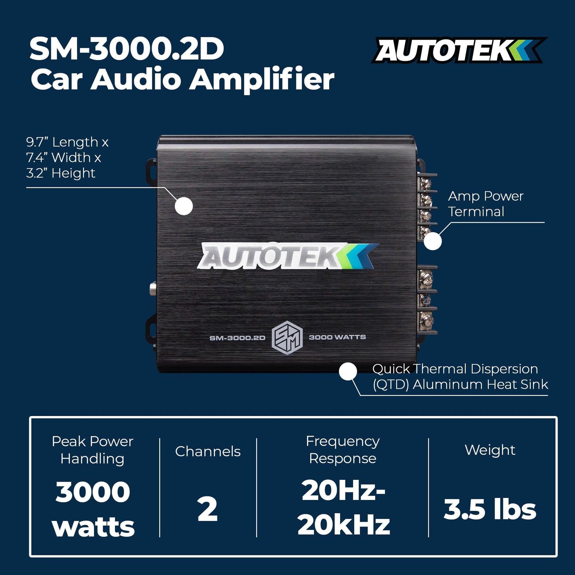 Autotek 3000W 2 Channel Car Audio Amplifier Bass Knob, Street Machine SM-3000.2D - Find Fresh Goods