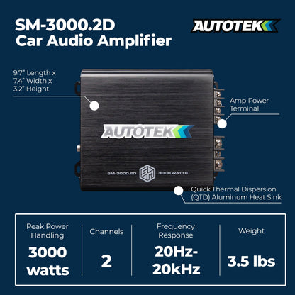 Autotek 3000W 2 Channel Car Audio Amplifier Bass Knob, Street Machine SM-3000.2D - Find Fresh Goods