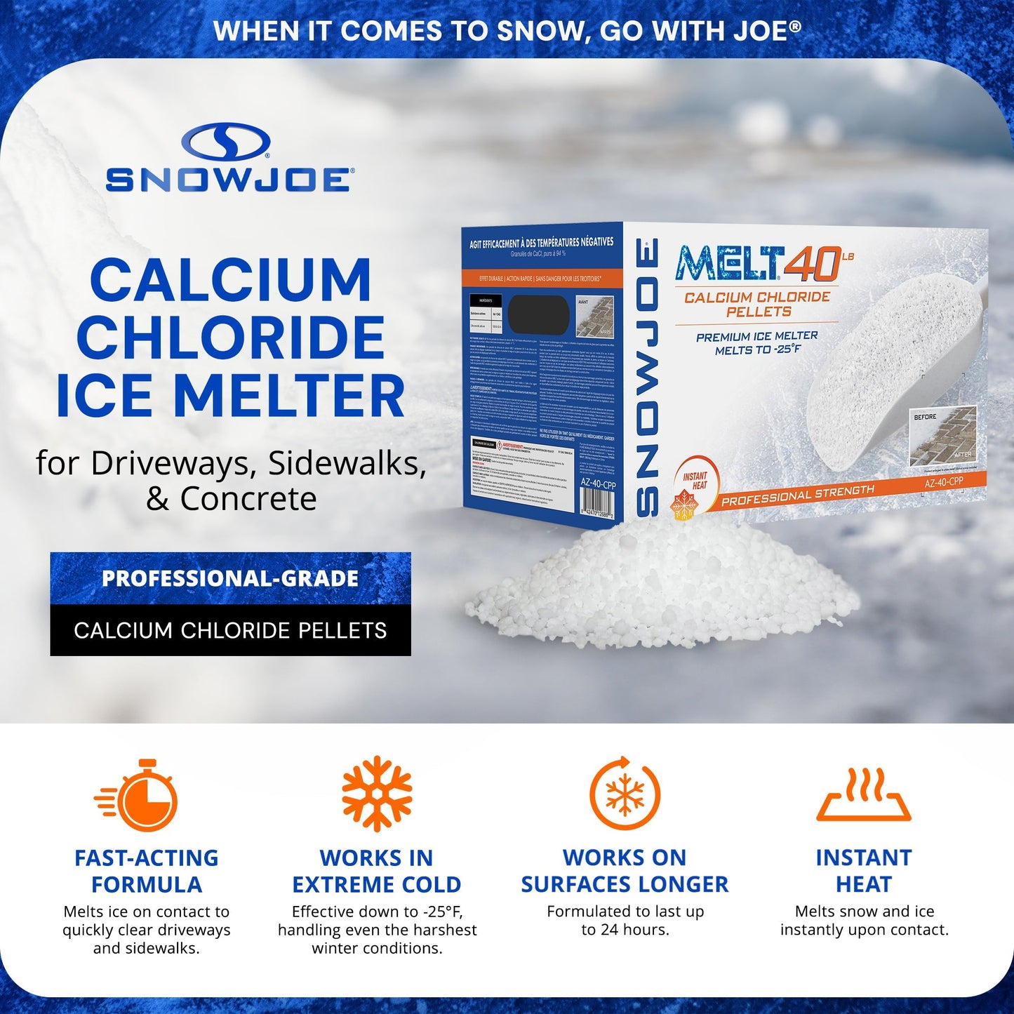 Snow Joe Ice Melt Calcium Chloride Blend, 40 lb (Packaging May Vary), AZ-40-CPP