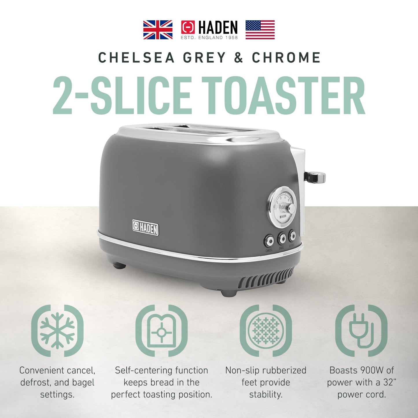 Haden Chelsea Stainless Steel 2 Slice Toaster, Extra Wide Slots, Grey & Chrome