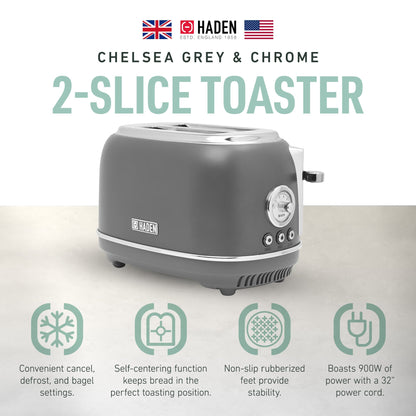 Haden Chelsea Stainless Steel 2 Slice Toaster, Extra Wide Slots, Grey & Chrome