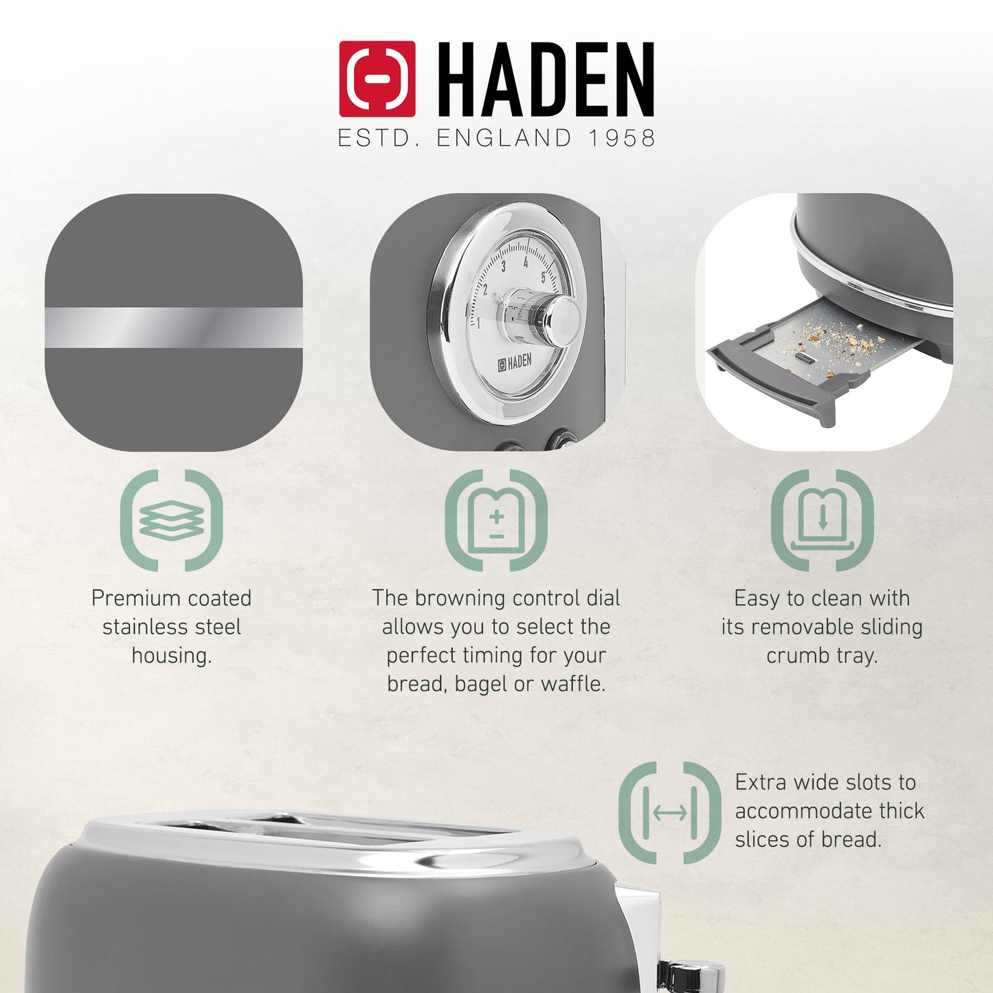 Haden Chelsea Stainless Steel 2 Slice Toaster, Extra Wide Slots, Grey & Chrome