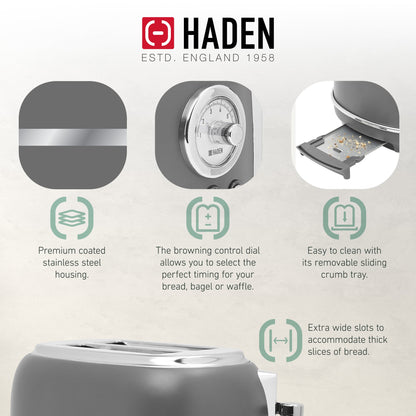Haden Chelsea Stainless Steel 2 Slice Toaster, Extra Wide Slots, Grey & Chrome