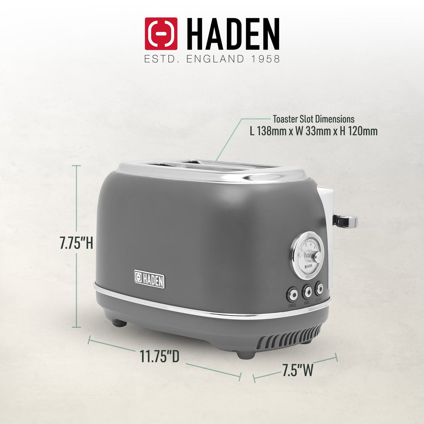 Haden Chelsea Stainless Steel 2 Slice Toaster, Extra Wide Slots, Grey & Chrome