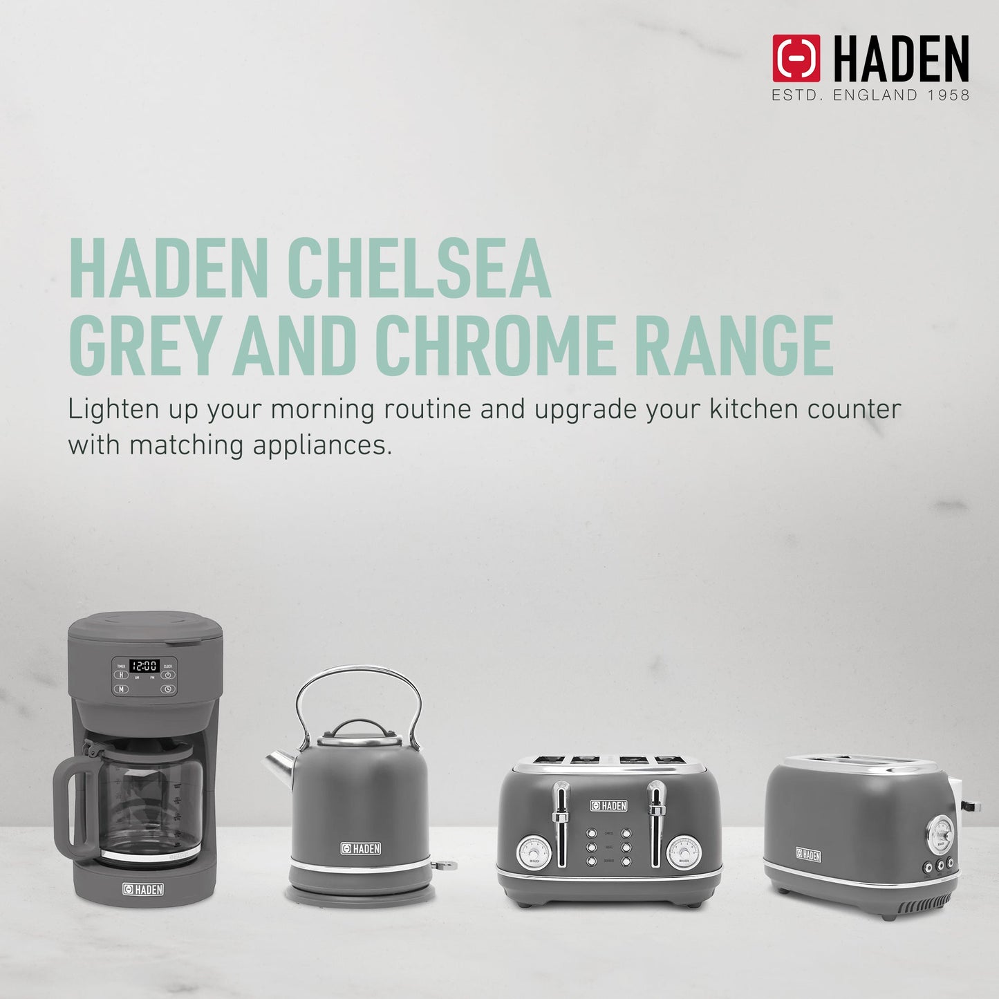 Haden Chelsea Stainless Steel 2 Slice Toaster, Extra Wide Slots, Grey & Chrome