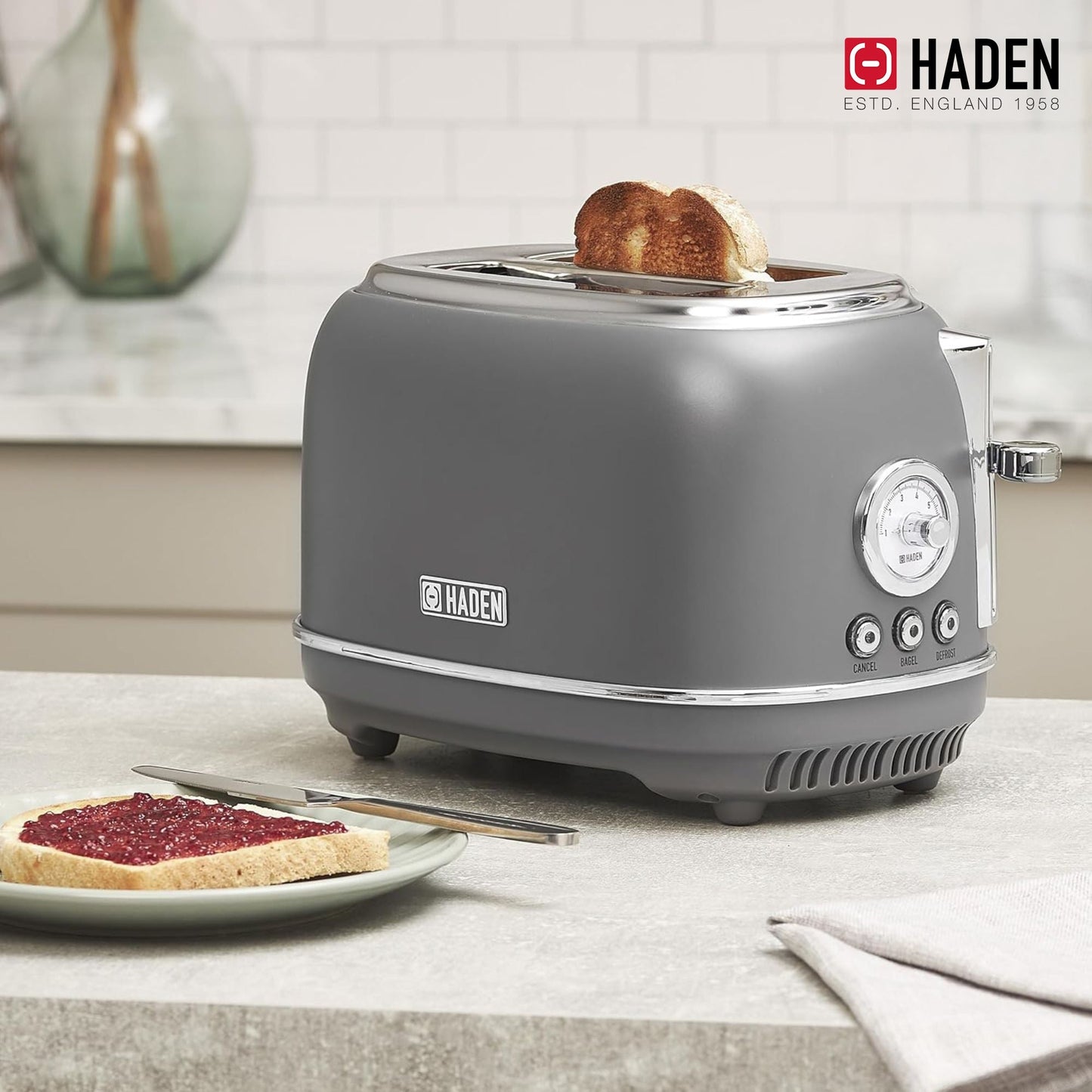 Haden Chelsea Stainless Steel 2 Slice Toaster, Extra Wide Slots, Grey & Chrome