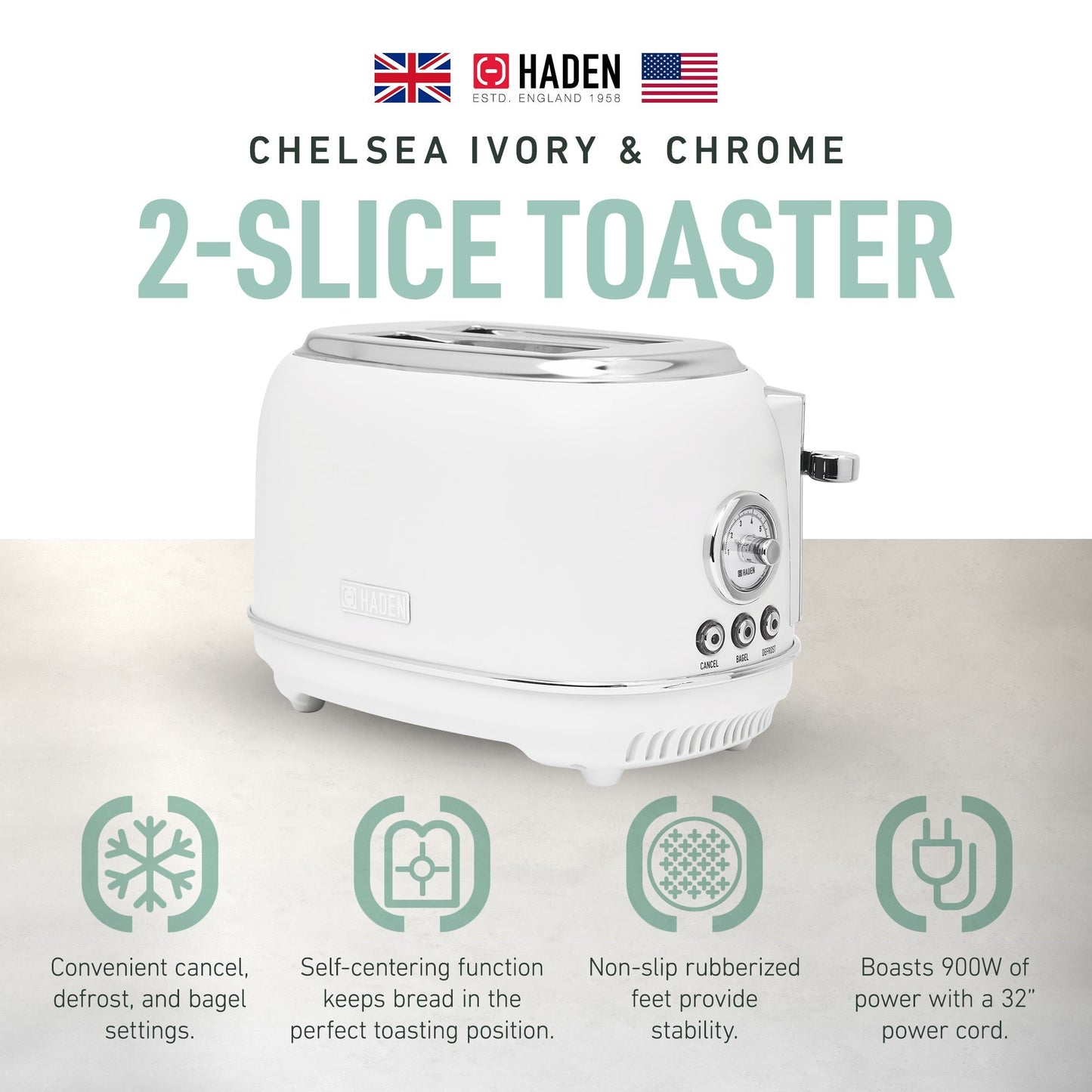 Haden Chelsea Stainless Steel 2 Slice Toaster, Extra Wide Slots, Ivory & Chrome