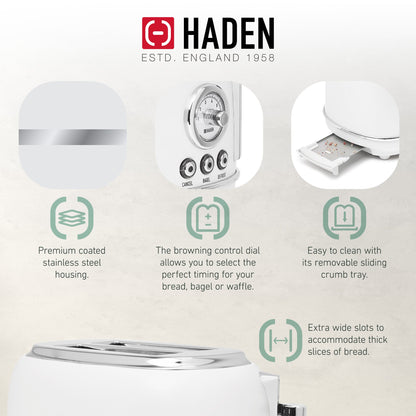 Haden Chelsea Stainless Steel 2 Slice Toaster, Extra Wide Slots, Ivory & Chrome