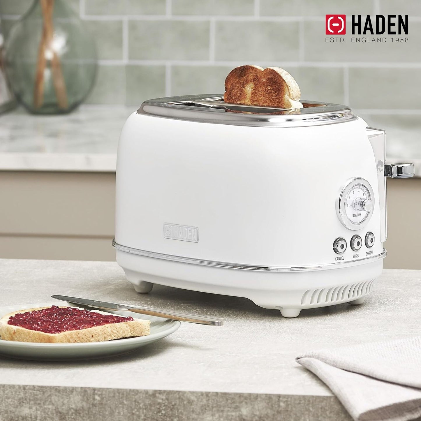 Haden Chelsea Stainless Steel 2 Slice Toaster, Extra Wide Slots, Ivory & Chrome