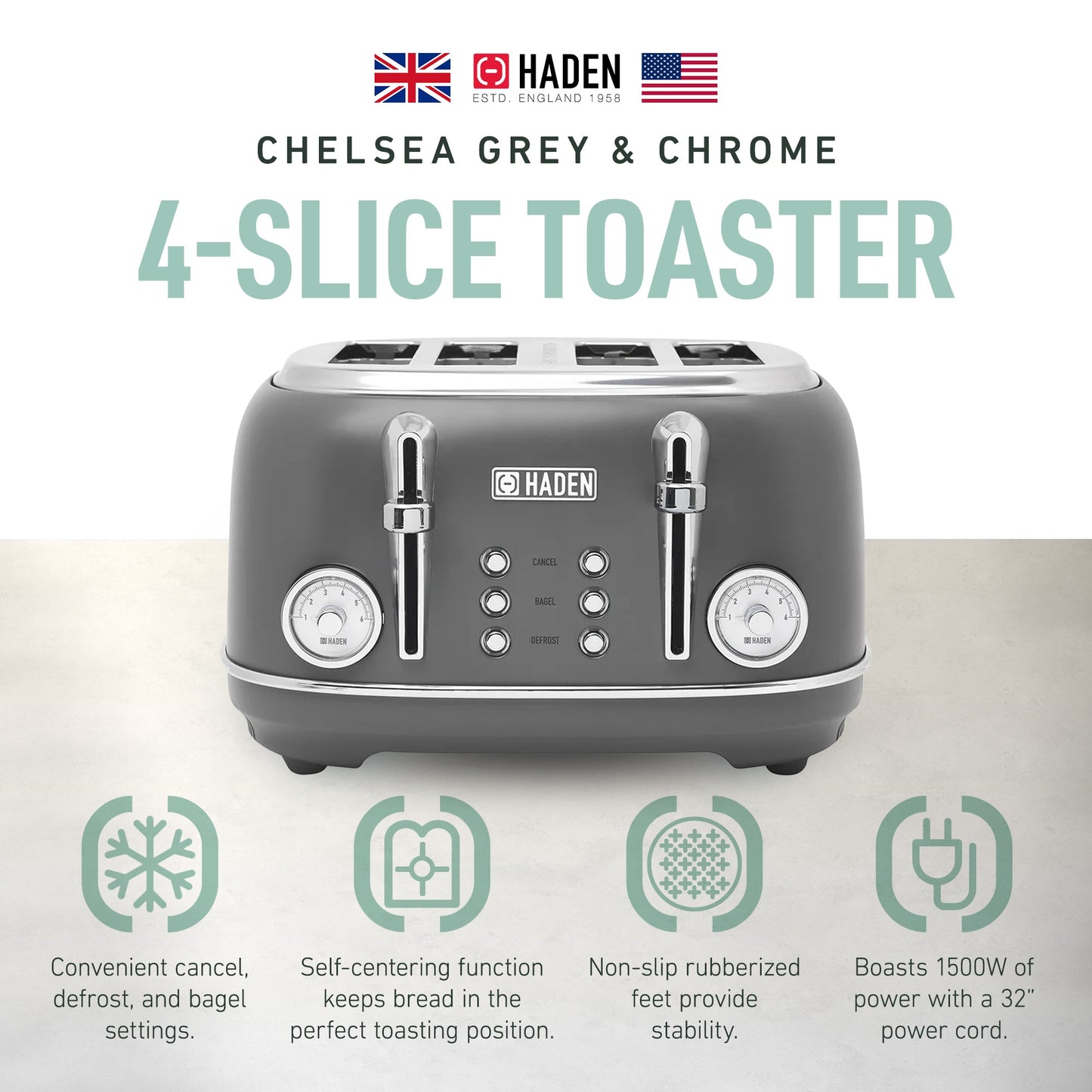 Haden Chelsea Stainless Steel 4 Slice Toaster, Extra Wide Slots, Grey & Chrome